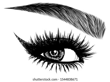 Illustration With Woman's Eye, Eyelashes And Eyebrow. Makeup Look. Tattoo Design. Logo For Brow Bar Or Lash Salon.