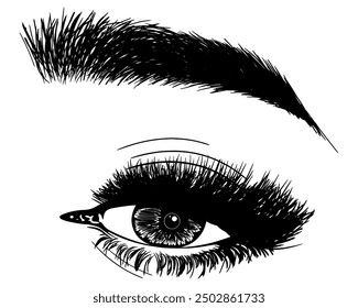 Illustration with woman's eye, eyelashes and eyebrow. Makeup Look. Tattoo design. Logo for brow bar or lash salon.