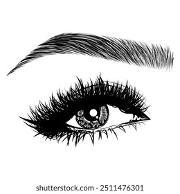 Illustration with woman's eye, eyelashes and eyebrow. Makeup Look. Tattoo design. Logo for brow bar or lash salon.