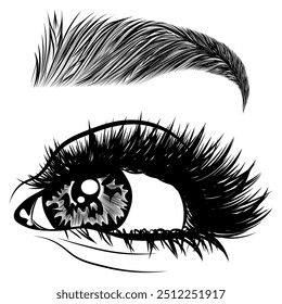Illustration with woman's eye, eyelashes and eyebrow. Makeup Look. Tattoo design. Logo for brow bar or lash salon.