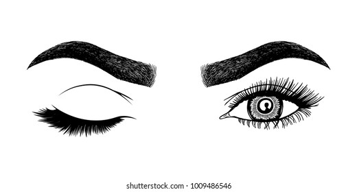 Illustration with woman's eye wink, eyebrow and eyelashes. Makeup Look. Tattoo design. 