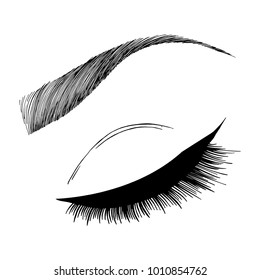 Illustration with woman's eye wink, eyebrow and eyelashes. Makeup Look. Tattoo design. 
