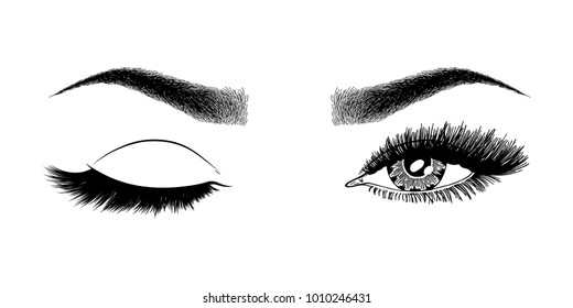 Illustration With Woman's Eye Wink, Eyebrows And Eyelashes. Makeup Look. Tattoo Design. Logo For Brow Bar Or Lash Salon.