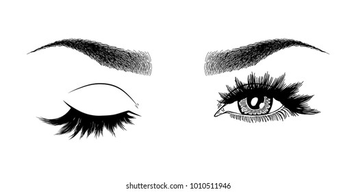 Illustration with woman's eye wink, eyebrows and eyelashes. Makeup Look. Tattoo design. 