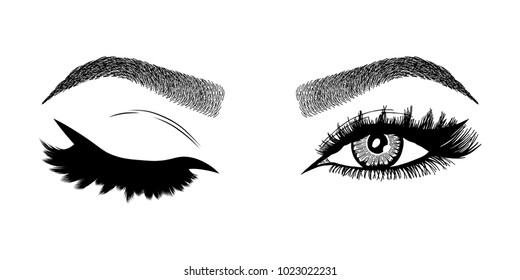 Illustration with woman's eye wink, eyebrows and eyelashes. Makeup Look. Tattoo design.