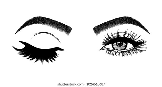 Illustration with woman's eye wink, eyebrows and eyelashes. Makeup Look. Tattoo design.