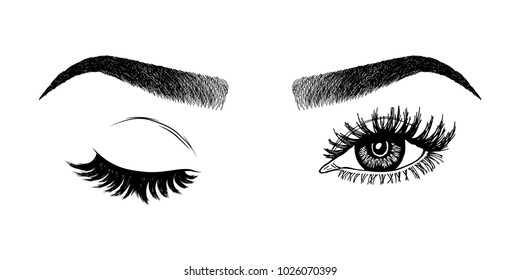 Illustration with woman's eye wink, eyebrows and eyelashes. Makeup Look. Tattoo design.