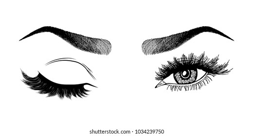 Illustration with woman's eye wink, eyebrows and eyelashes. Makeup Look. Tattoo design.