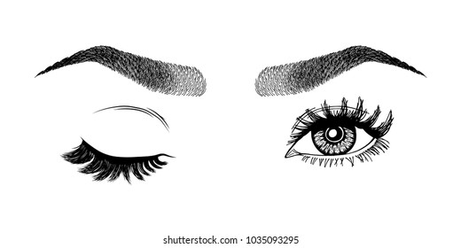 Illustration with woman's eye wink, eyebrows and eyelashes. Makeup Look. Tattoo design.