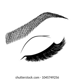 Illustration with woman's eye wink, eyebrows and eyelashes. Makeup Look. Tattoo design. Logo for brow bar or lash salon.