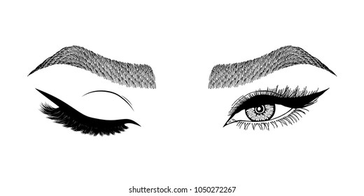 Illustration with woman's eye wink, eyebrows and eyelashes. Makeup Look. Tattoo design. Logo for brow bar or lash salon.