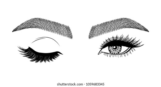 Illustration with woman's eye wink, eyebrows and eyelashes. Makeup Look. Tattoo design. Logo for brow bar or lash salon.
