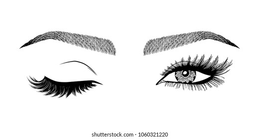 Illustration with woman's eye wink, eyebrows and eyelashes. Makeup Look. Tattoo design. Logo for brow bar or lash salon.
