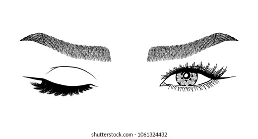 Illustration with woman's eye wink, eyebrows and eyelashes. Makeup Look. Tattoo design. Logo for brow bar or lash salon.