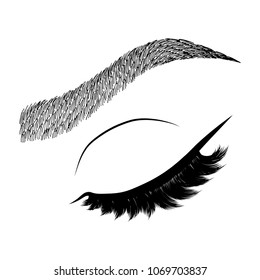 Illustration with woman's eye wink, eyebrows and eyelashes. Makeup Look. Tattoo design. Logo for brow bar or lash salon.