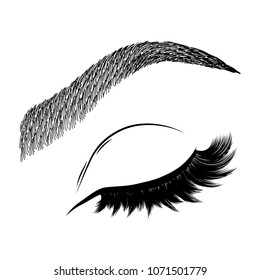 Illustration with woman's eye wink, eyebrows and eyelashes. Makeup Look. Tattoo design. Logo for brow bar or lash salon.