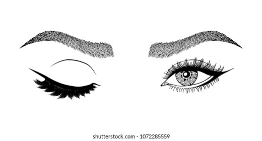 Illustration with woman's eye wink, eyebrows and eyelashes. Makeup Look. Tattoo design. Logo for brow bar or lash salon.