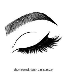 Illustration with woman's eye wink, eyebrows and eyelashes. Makeup Look. Tattoo design. Logo for brow bar or lash salon.