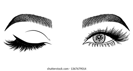 Illustration mit Augenwink, Augenbrauen und Wimpern für Frauen. Schminken Sie nach! Tattoo-Design. Logo für Besen- oder Lash-Salon.