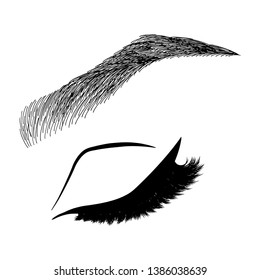Illustration with woman's eye wink, eyebrows and eyelashes. Makeup Look. Tattoo design. Logo for brow bar or lash salon.