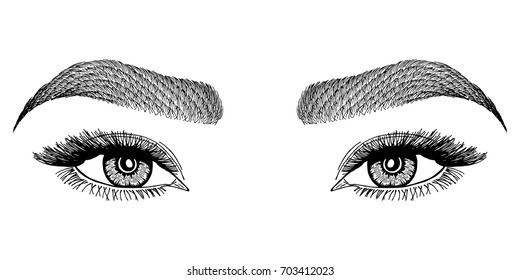 Illustration with woman's eyes and eyebrows. Makeup Look. Tattoo design. 