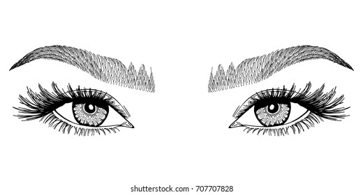 Illustration with woman's eyes and eyebrows. Makeup Look. Tattoo design. 