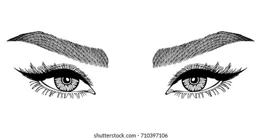 Illustration with woman's eyes and eyebrows. Makeup Look. Tattoo design. 