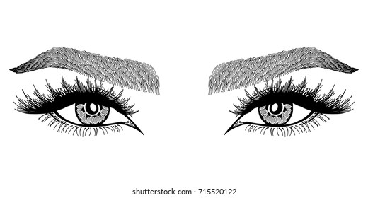 Illustration with woman's eyes and eyebrows. Makeup Look. Tattoo design. 