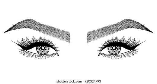 Illustration with woman's eyes and eyebrows. Makeup Look. Tattoo design. 