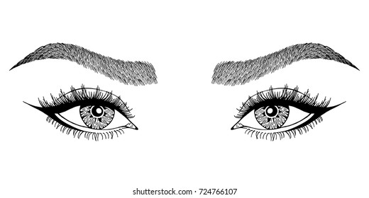 Illustration with woman's eyes and eyebrows. Makeup Look. Tattoo design. 