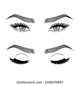 Illustration with woman's eyes, eyelashes and eyebrows. Makeup Look. Tattoo design. Logo for brow bar or lash salon.