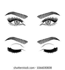 Illustration with woman's eyes, eyelashes and eyebrows. Makeup Look. Tattoo design. Logo for brow bar or lash salon.