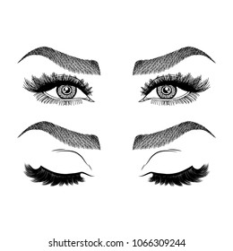 Illustration with woman's eyes, eyelashes and eyebrows. Makeup Look. Tattoo design. Logo for brow bar or lash salon.