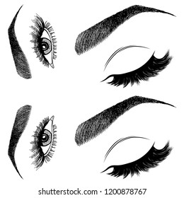 Illustration with woman's eyes, eyelashes and eyebrows. Makeup Look. Tattoo design. Logo for brow bar or lash salon.