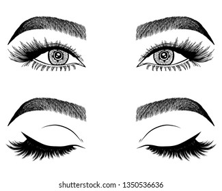 Illustration with woman's eyes, eyelashes and eyebrows. Makeup Look. Tattoo design. Logo for brow bar or lash salon.