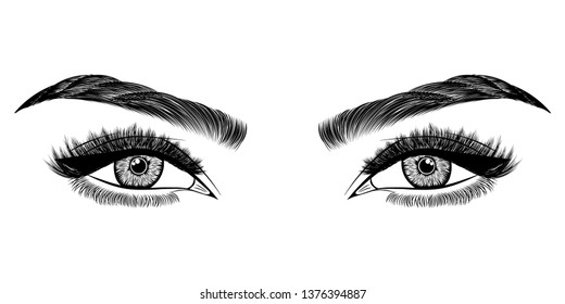 Illustration with woman's eyes, eyelashes and eyebrows. Makeup Look. Tattoo design. Logo for brow bar or lash salon.