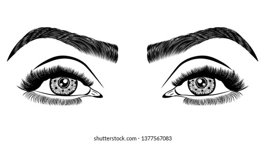 Illustration with woman's eyes, eyelashes and eyebrows. Makeup Look. Tattoo design. Logo for brow bar or lash salon.