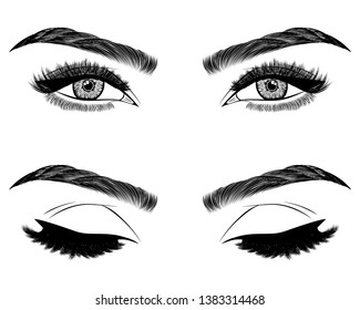 Illustration with woman's eyes, eyelashes and eyebrows. Makeup Look. Tattoo design. Logo for brow bar or lash salon.