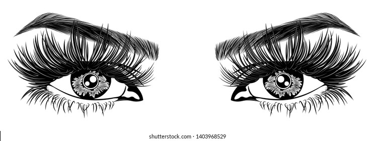 Illustration with woman's eyes, eyelashes and eyebrows. Makeup Look. Tattoo design. Logo for brow bar or lash salon.