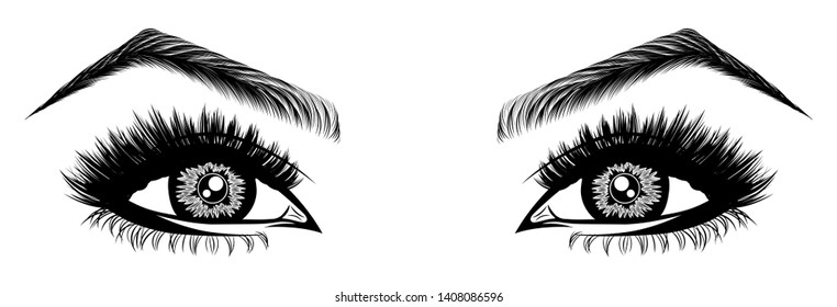 Illustration with woman's eyes, eyelashes and eyebrows. Makeup Look. Tattoo design. Logo for brow bar or lash salon.