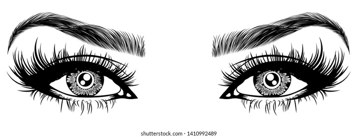 Illustration With Woman's Eyes, Eyelashes And Eyebrows. Makeup Look. Tattoo Design. Logo For Brow Bar Or Lash Salon.