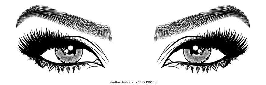 Illustration with woman's eyes, eyelashes and eyebrows. Realistic sexy makeup look. Tattoo design. Logo for brow bar or lash salon.
