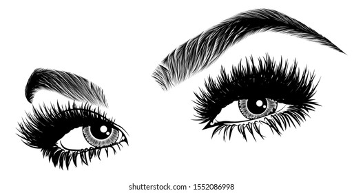 Illustration with woman's eyes, eyelashes and eyebrows. Realistic sexy makeup look. Tattoo design. Logo for brow bar or lash salon.