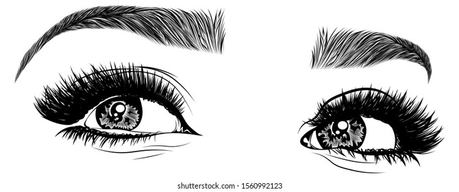 Illustration With Woman's Eyes, Eyelashes And Eyebrows. Realistic Sexy Makeup Look. Tattoo Design. Logo For Brow Bar Or Lash Salon.