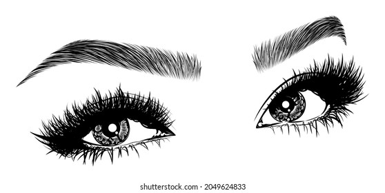 Illustration With Woman's Eyes, Eyelashes And Eyebrows. Realistic Sexy Makeup Look. Tattoo Design. Logo For Brow Bar Or Lash Salon.