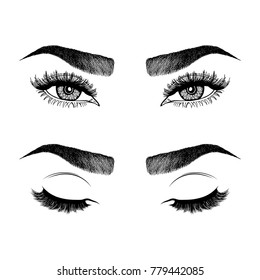 Illustration with woman's eyes, eyelashes and eyebrows. Makeup Look. Tattoo design. 