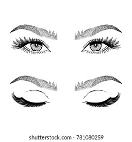 Illustration with woman's eyes, eyelashes and eyebrows. Makeup Look. Tattoo design. 