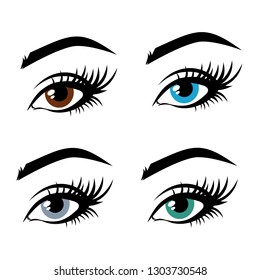 Illustration of woman's eyes with a multi-colored iris, brown, blue, gray, green. Contact lenses, vision. Idea for business visit card, typography vector. Perfect salon look. 