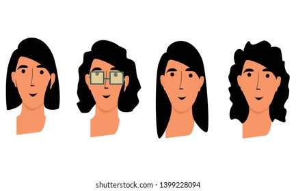 illustration of a woman's face, with 4 different characters, for a model, flat design, icon, vector style.