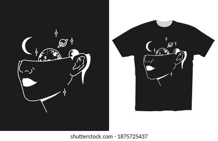 illustration of a woman's face and the contents of her head, line art designs are suitable for t-shirt designs and others